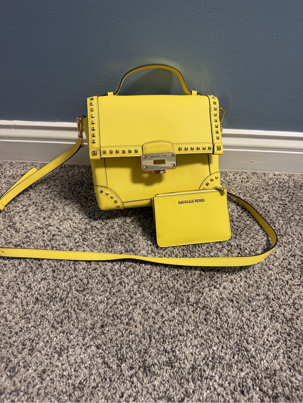 Michael Kors Yellow Studded Leather Satchel with Matching Card Case